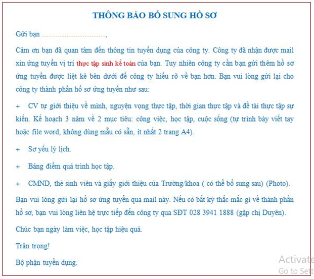 Mẫu trả lời email ứng tuyển nhân sự