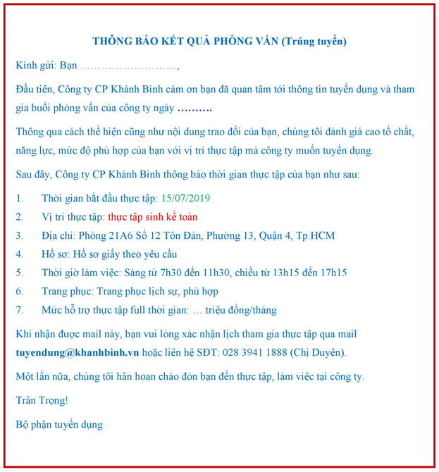 Mẫu trả lời email ứng tuyển nhân sự